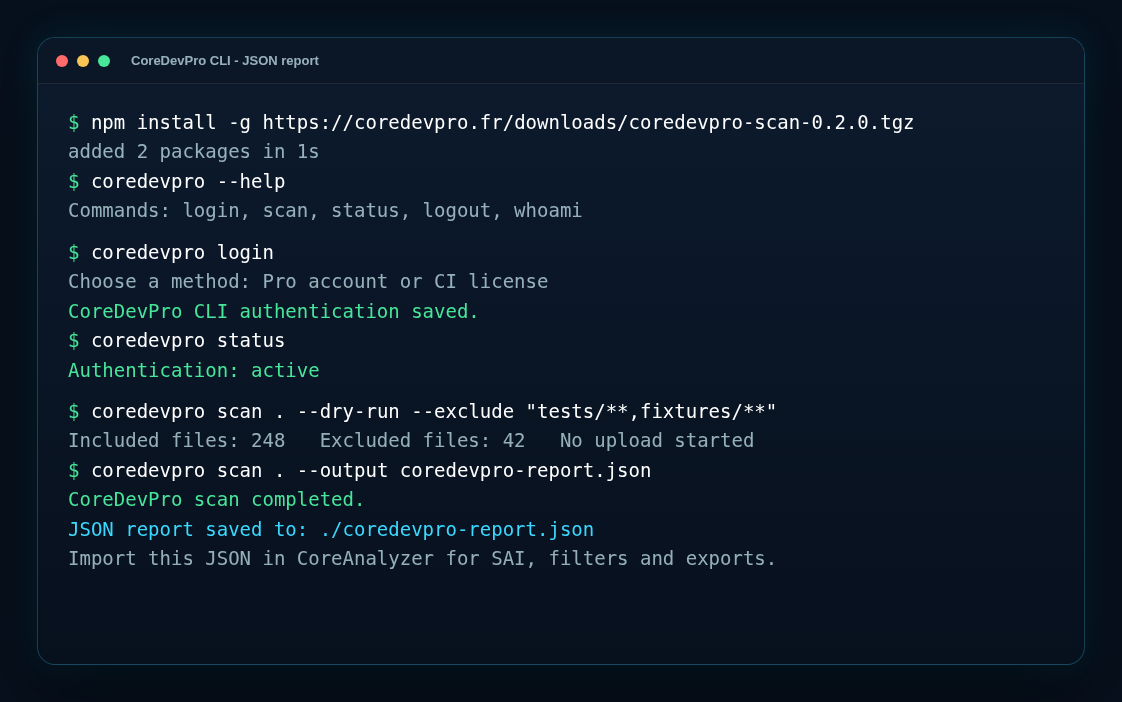 Terminal CoreDevPro montrant un scan CLI et un rapport JSON généré